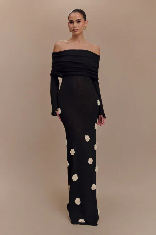 Off Shoulder Long Sleeve Knit Rosette Applique Maxi Dress 22