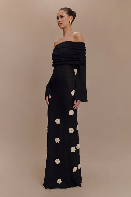 Off Shoulder Long Sleeve Knit Rosette Applique Maxi Dress 21