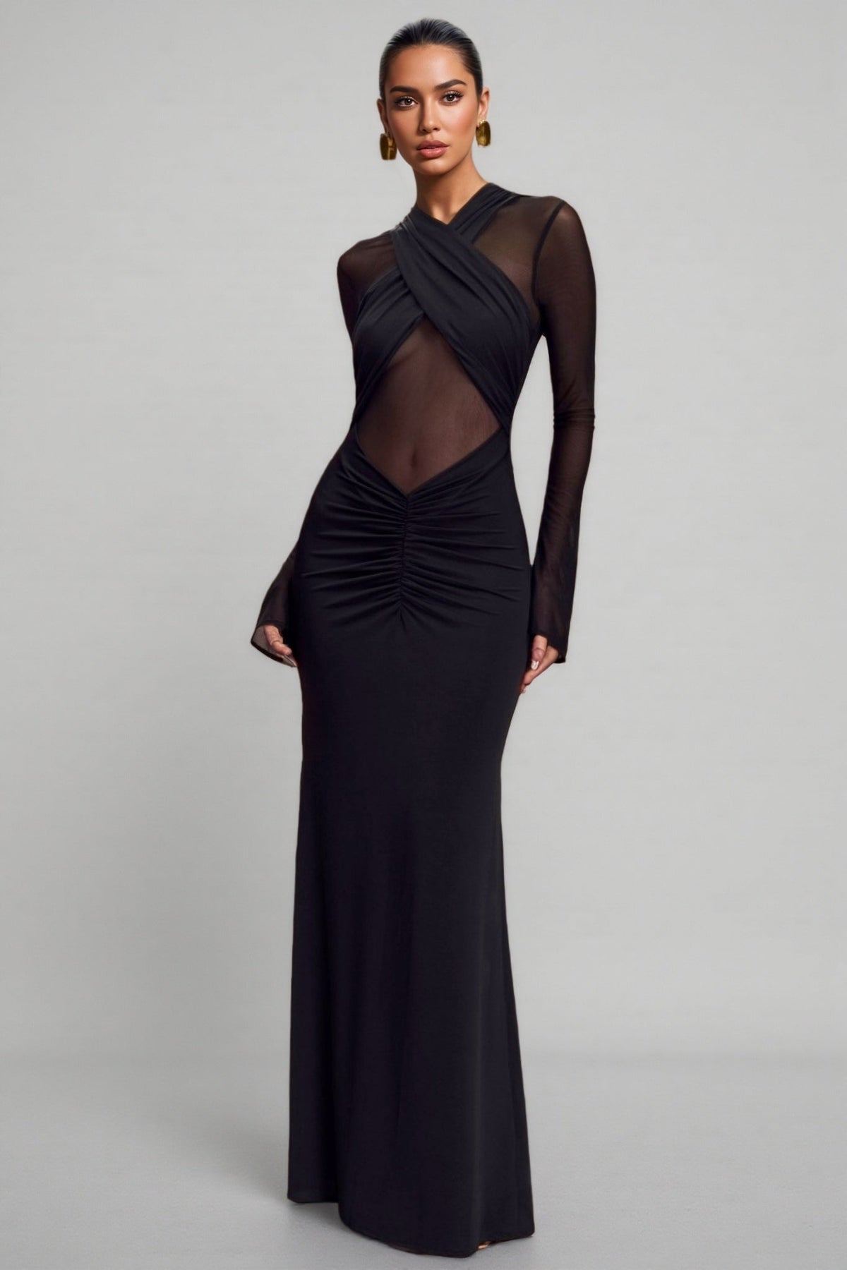 Sheer Mesh Long Sleeve Cross Front Cut Out Ruched Maxi Dress