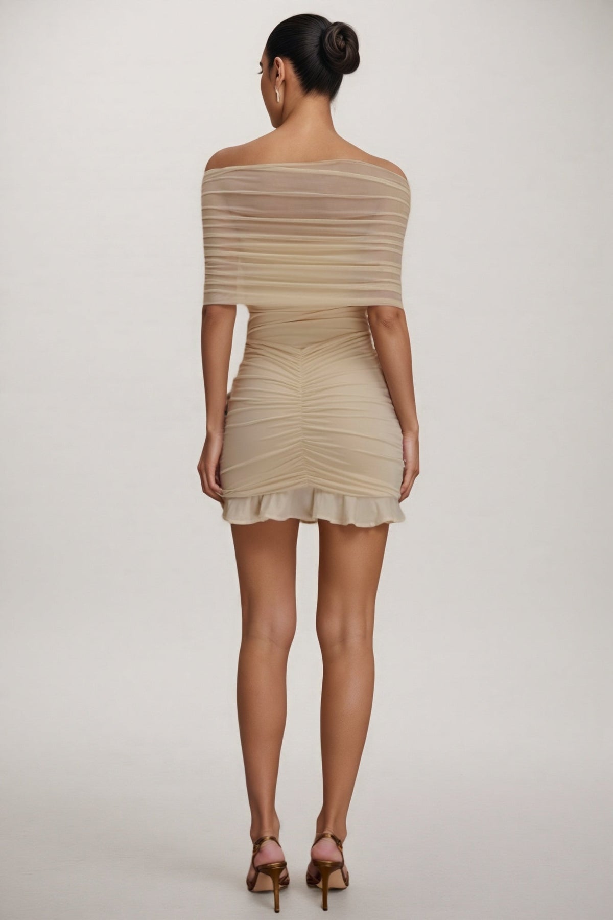 Off Shoulder Ruched Mesh Ruffle Hem Bodycon Mini Dress 2