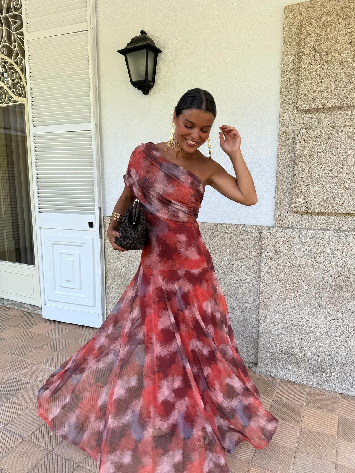 Abstract Print One Shoulder Ruched Flared Maxi Dress
