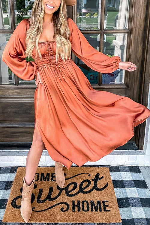 Satin Pocket Drawstring Long Sleeve Midi Dress