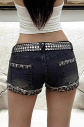 Leopard Cuffed Low Rise Denim Shorts
