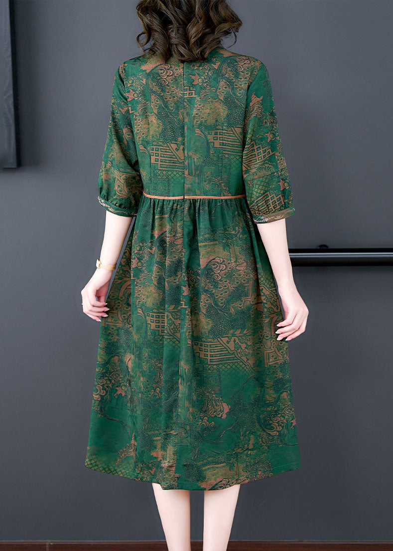 Peter Pan Collar Empire Waist Landscape Print Three Quarter Sleeve Midi Dress