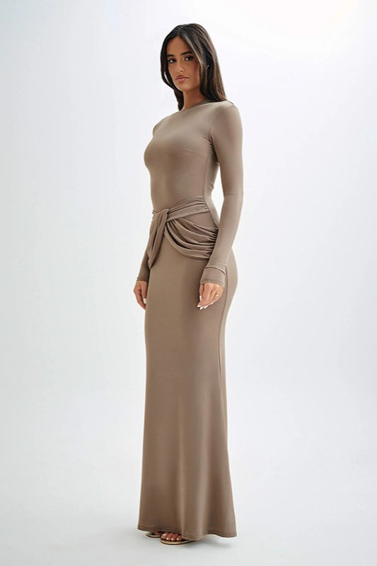 Crew Neck Long Sleeve Draped Tie Waist Bodycon Maxi Dress
