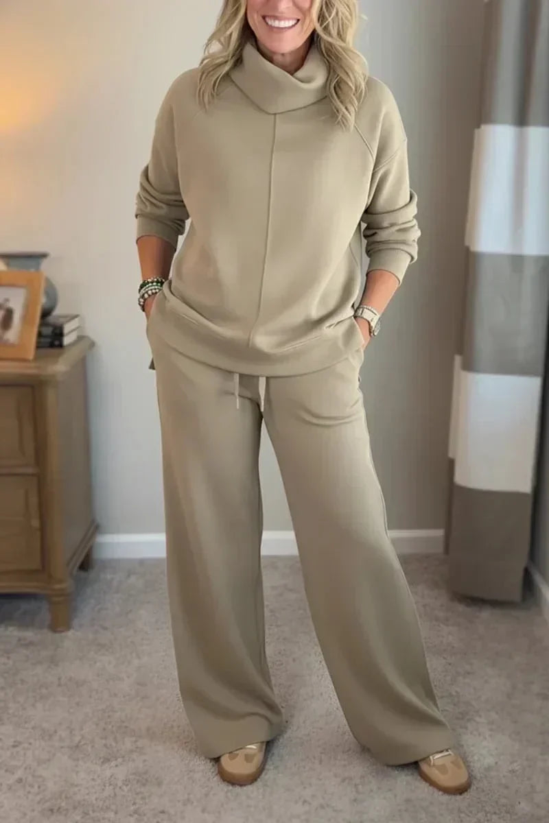 Cowl Neck Long Sleeve Top and Wide Leg Pants Two Piece Set