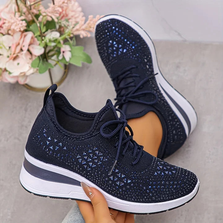 Rhinestone Mesh Lace Up Wedge Sneakers