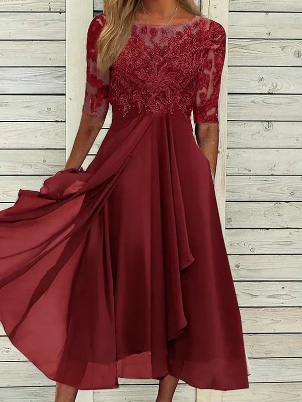 Sylvana - Tea-Length Lace Embroidered Dress Red