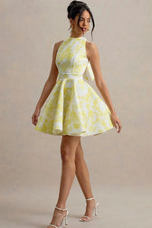 High-Waist Backless Floral Mini Dress