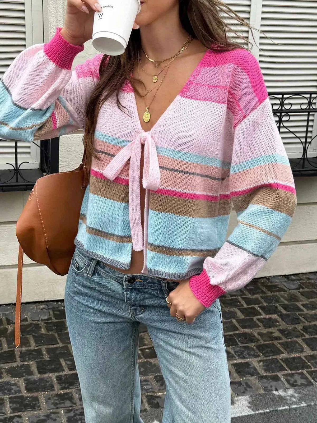 Striped Tie Front V-Neck Long Sleeve Cropped Knit Cardigan