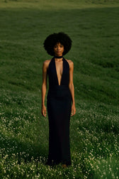 V Neck Halter Backless Solid Slit Formal Dress