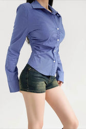 Solid Deep V Neck Ruched Long Sleeve Top