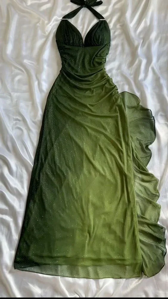 Charming Halter Ombre Green Chiffon Long Prom Dress Party Evening Gown cc1399