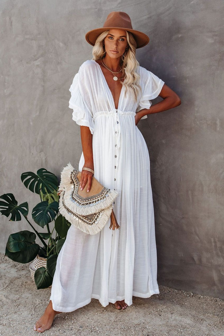 Button Front Drawstring Waist Maxi Boho Dress