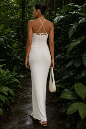 3D Floral Waist Cinch Cutout Halter Maxi Slip Dress