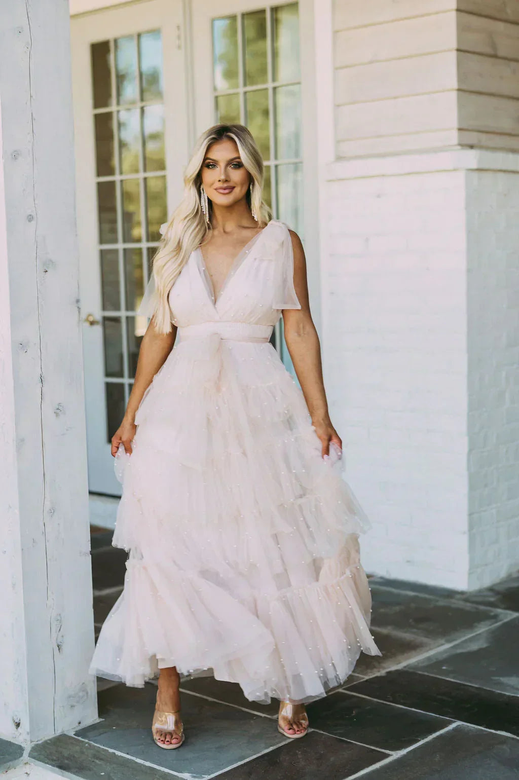 Pearl Embellished Tulle V-Neck Flutter Sleeve Ruffle Tiered Maxi Dress 7