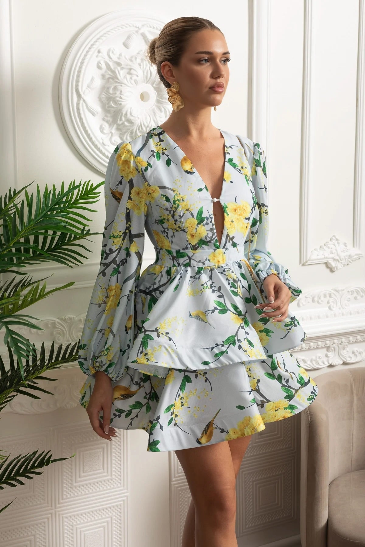 Floral Bird Print Deep V-Neck Balloon Long Sleeve Tiered Peplum Mini Dress 2