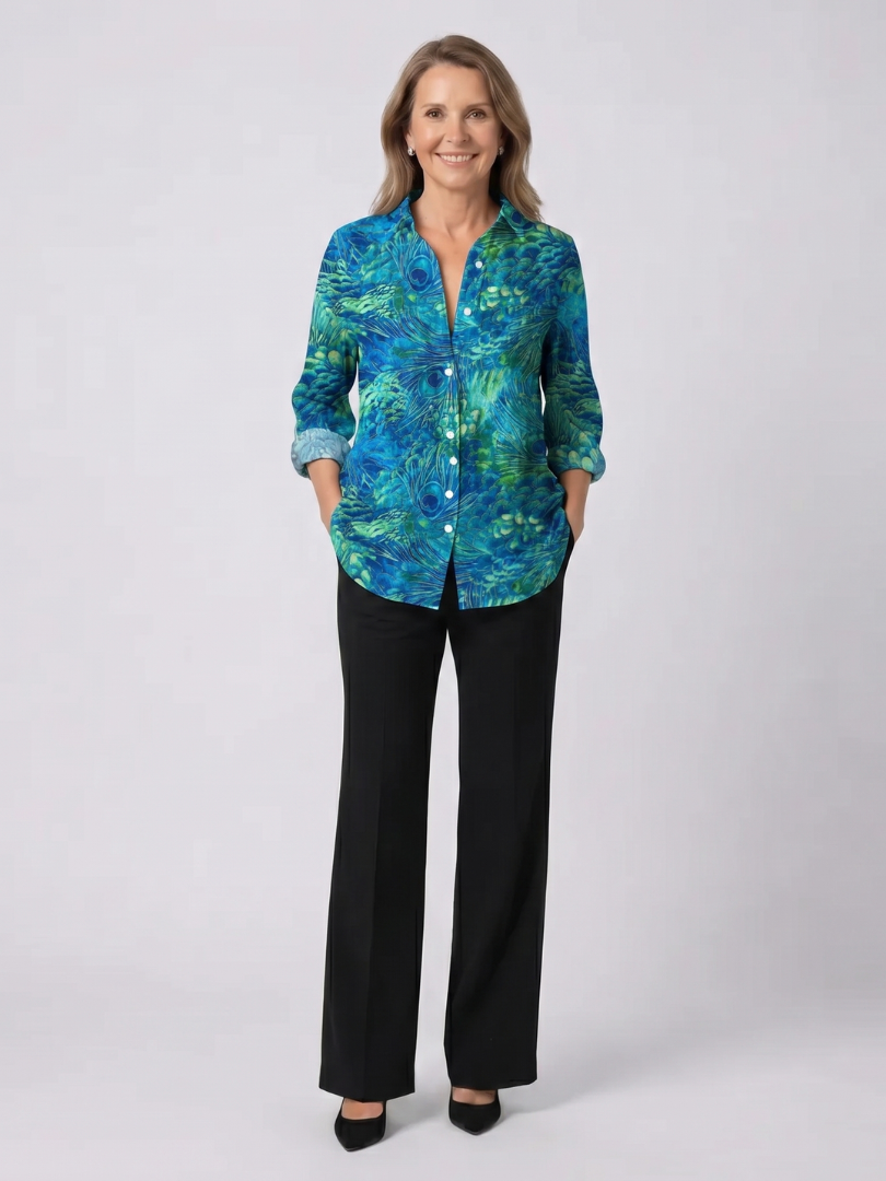 Peacock Feather Print Long Sleeve Button Front Shirt