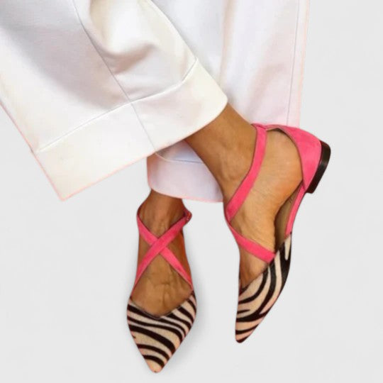 Zebra Print Pointed Toe Cross Strap Flats