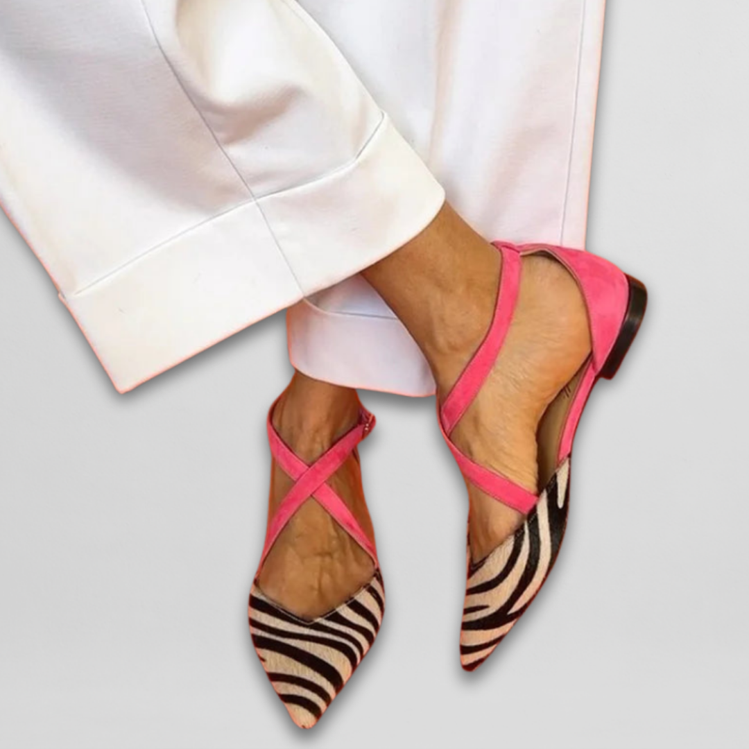 Zebra Print Pointed Toe Cross Strap Flats