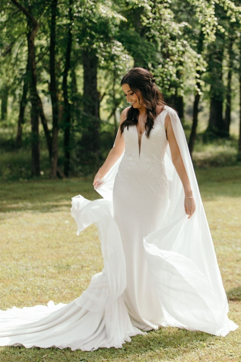 Classic Mermaid Deep V Neck White Long Wedding Dress with Cape