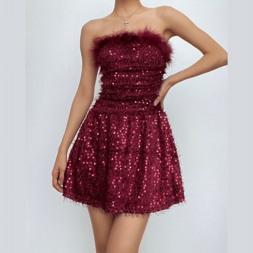 Sequin Strapless Faux Feather Trim Ruched Fit and Flare Mini Dress