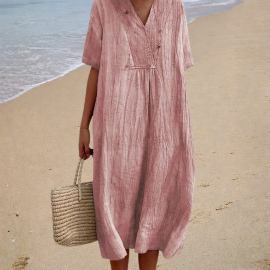 Linen Look V-Neck Short Sleeve Loose Beach Maxi Dress