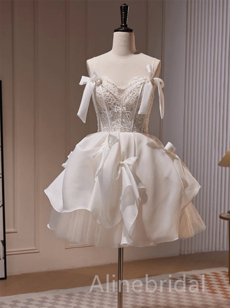 Lace Corset Bodice Bow Strap Ruffled Satin Homecoming Mini Dress