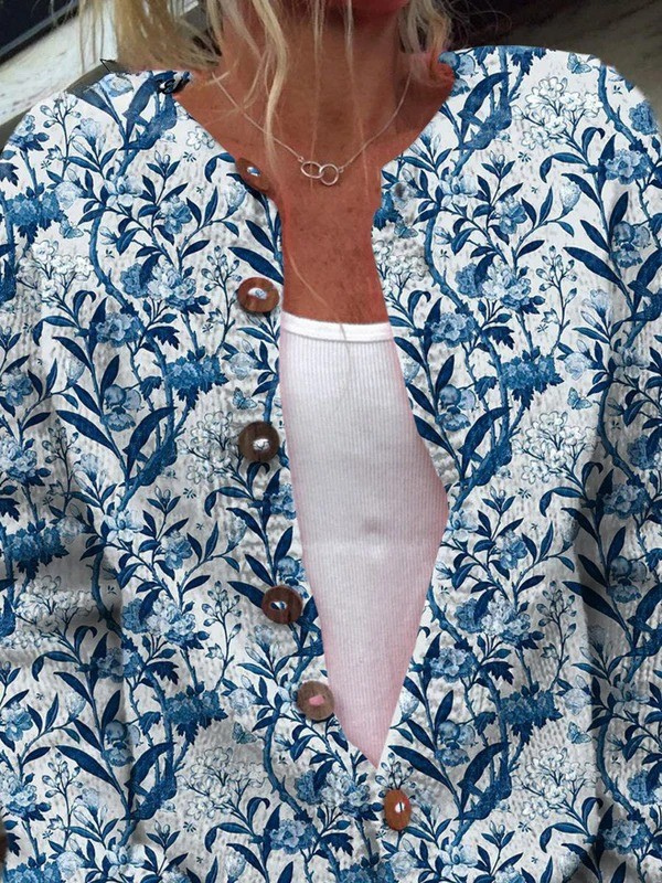 Floral Print Button Front Open Knit Cardigan