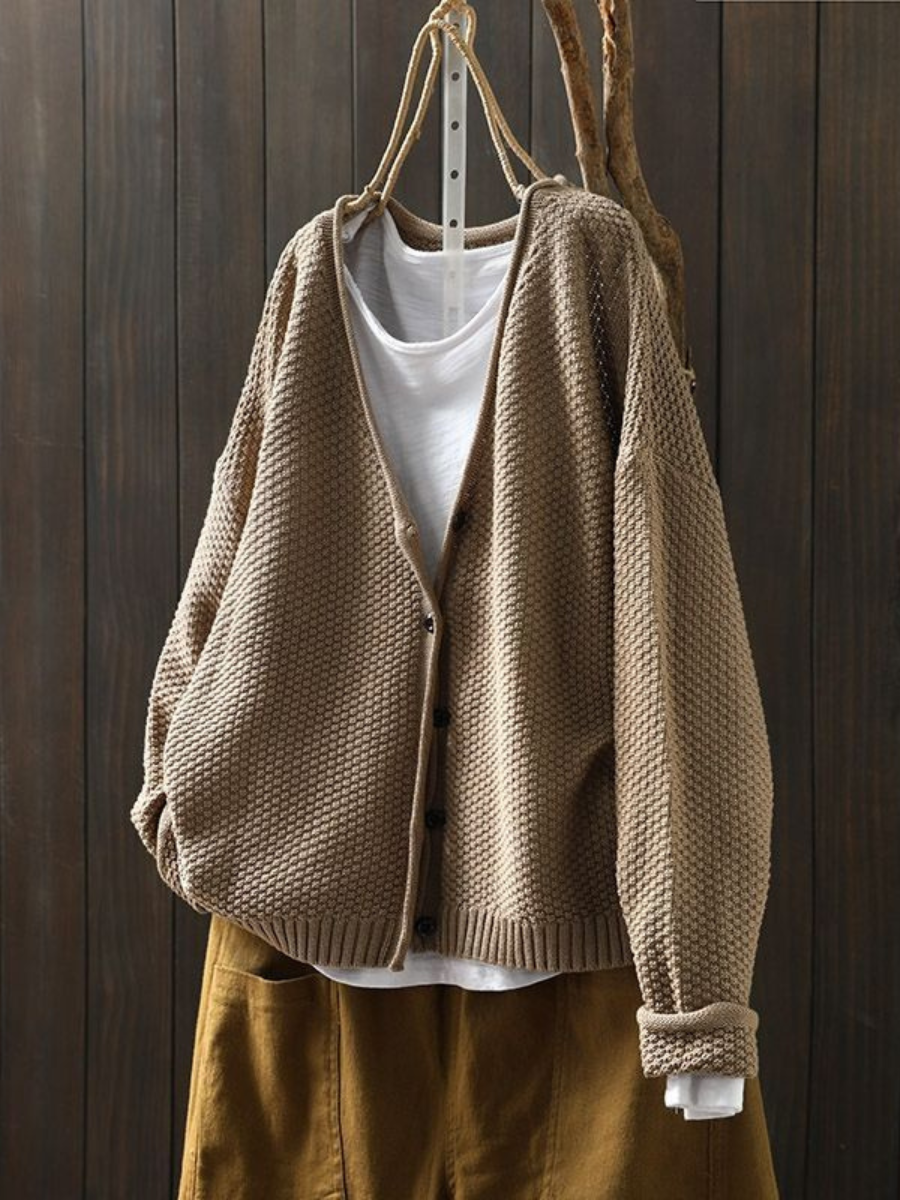 V-Neck Button Front Waffle Knit Cardigan
