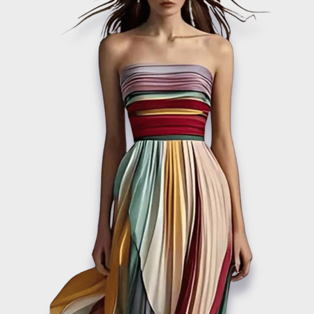 Strapless Pleated Striped Maxi Gown
