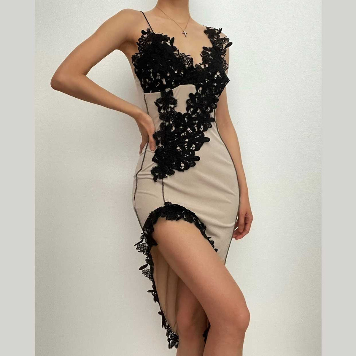 Contrast Floral Lace Applique V-Neck Cami High Split Midi Dress