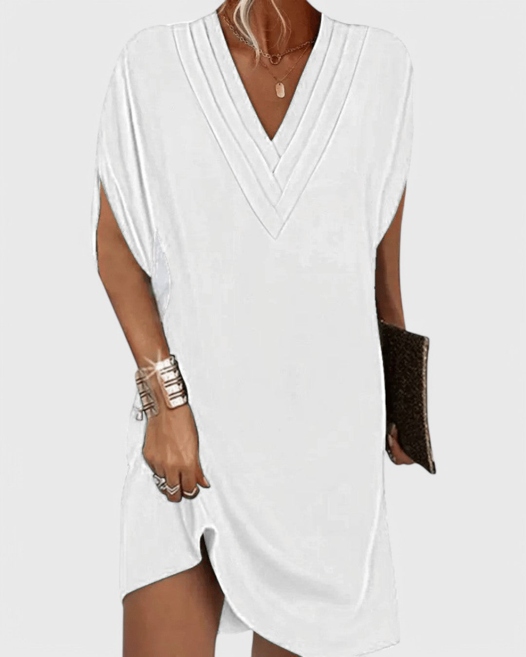 Deep V-Neck Short Sleeve Shift Mini Dress