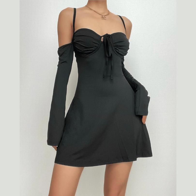 Cold Shoulder Long Sleeve Ruched Bust Tie Front A-Line Mini Dress