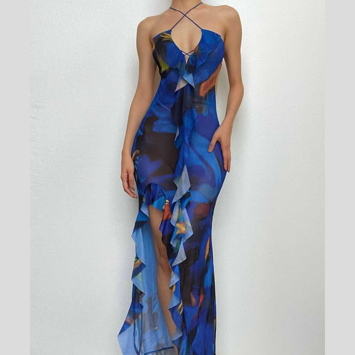 Cross front backless sheer mesh see through slit contrast print maxi dress 2