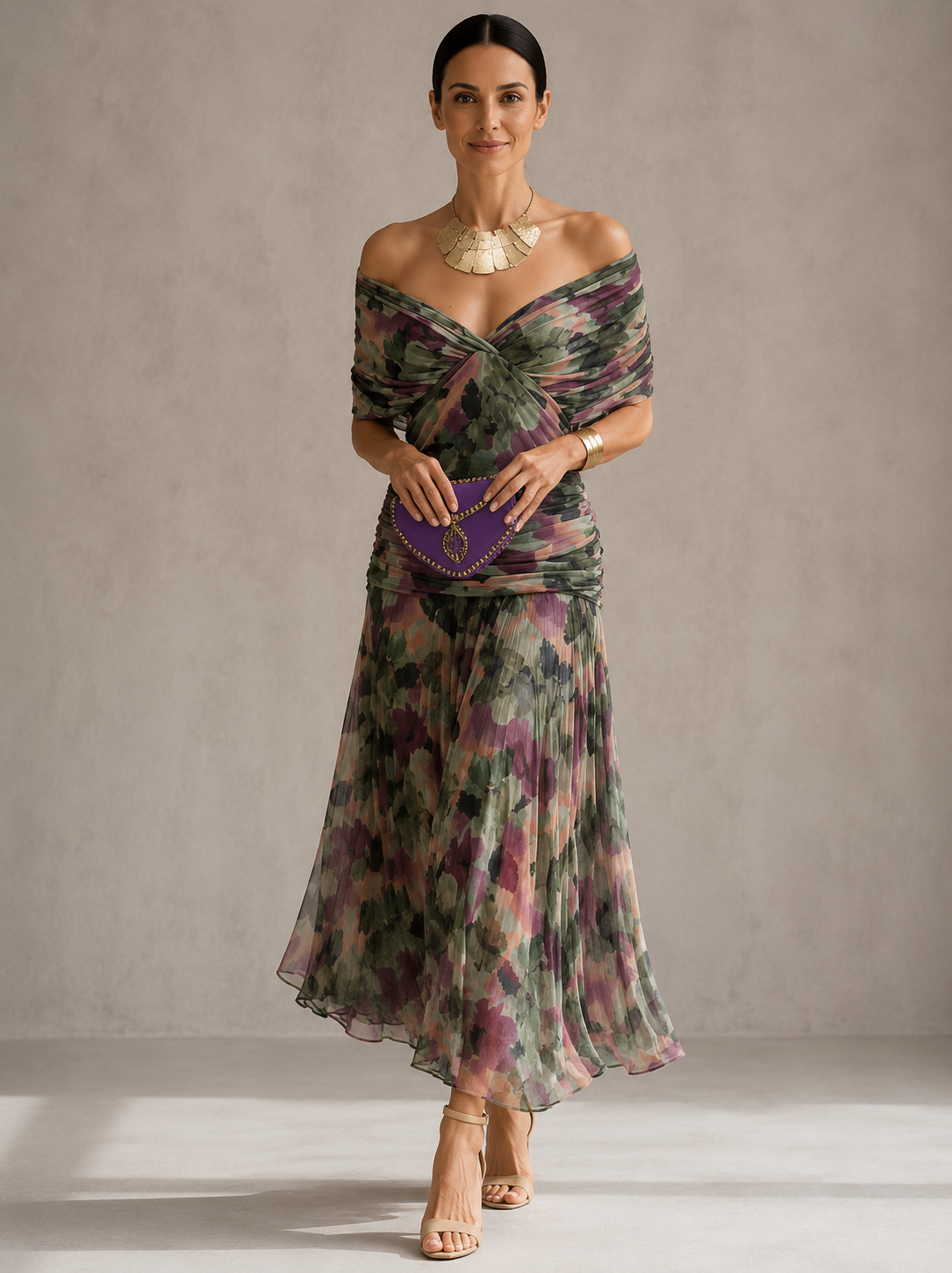 Floral Print Off Shoulder Twist Front Pleated Midi Dress
