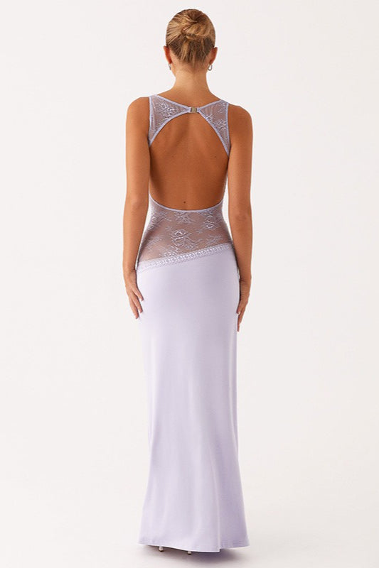 Sheer Lace Satin Panel Backless Fit Lace Dress
