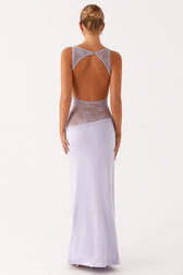 Sheer Lace Satin Panel Backless Fit Lace Dress