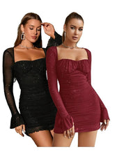 Glitter Mesh Square Neck Long Sleeve Ruched Bustier Mini Dress 8