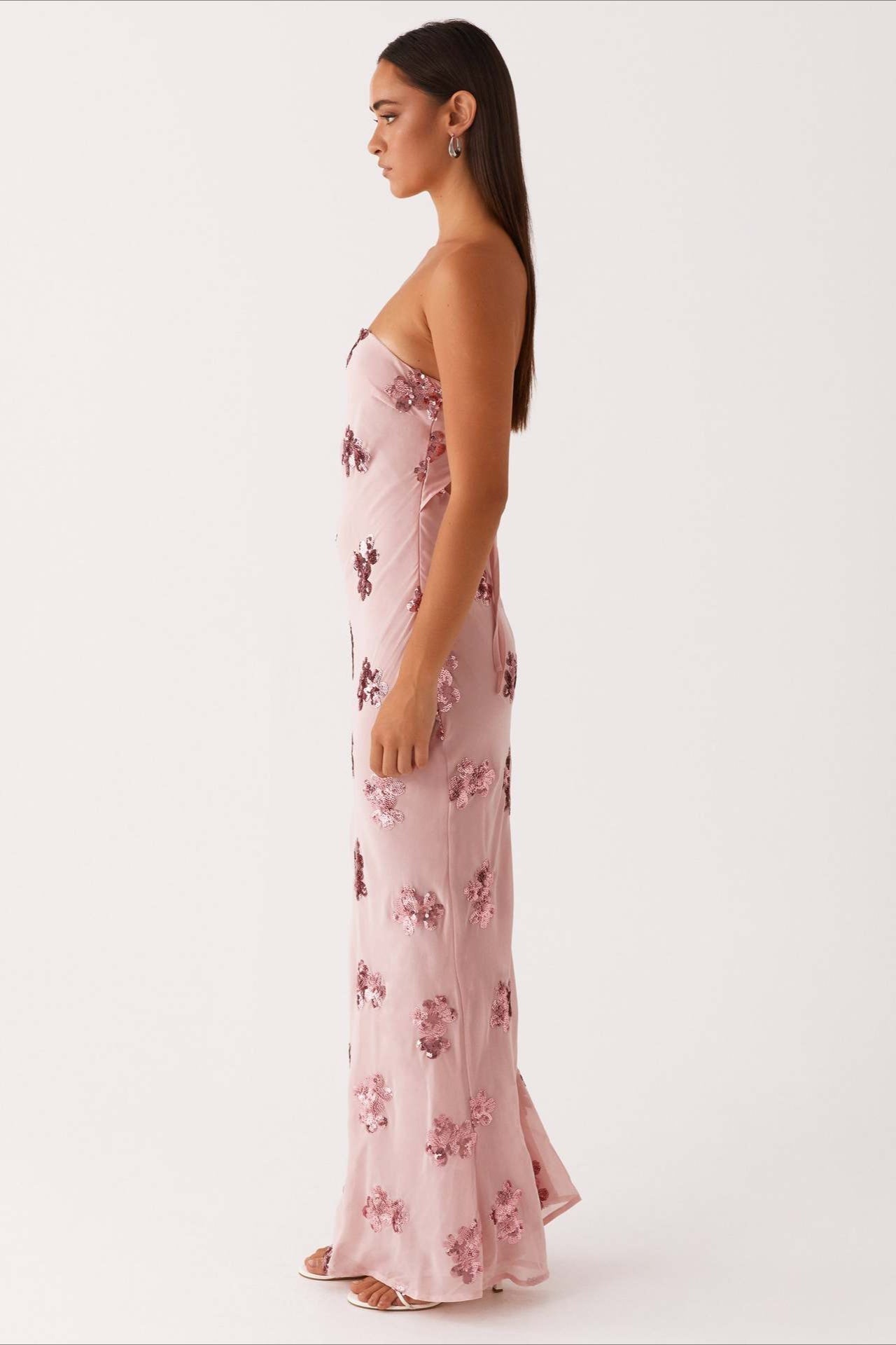 Floral Sequin Strapless Slip Maxi Gown