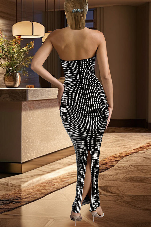 Flash Sculpture Rhinestone Embellished Bandeau Slit Stretch Maxi Dress - View 7