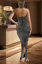 Flash Sculpture Rhinestone Embellished Bandeau Slit Stretch Maxi Dress - View 7
