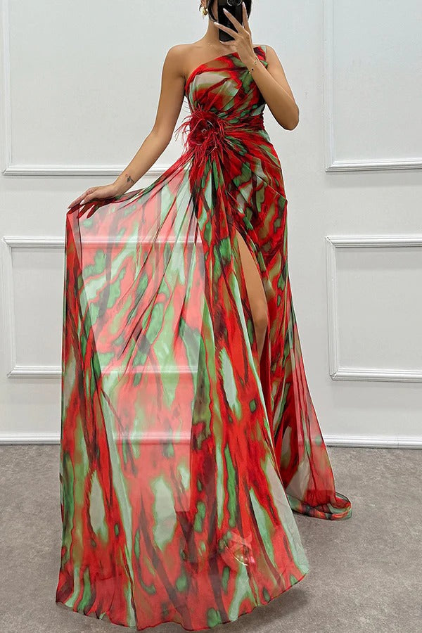 Watercolor Print One Shoulder Feather Trim High Split Maxi Dress 9
