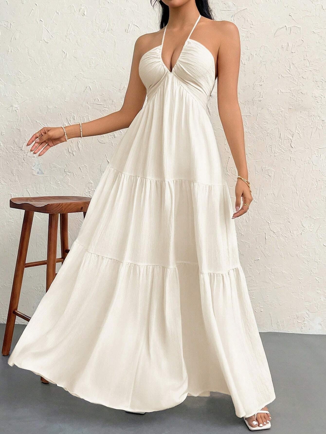 Halter Deep V-Neck Backless Tiered A-Line Maxi Dress