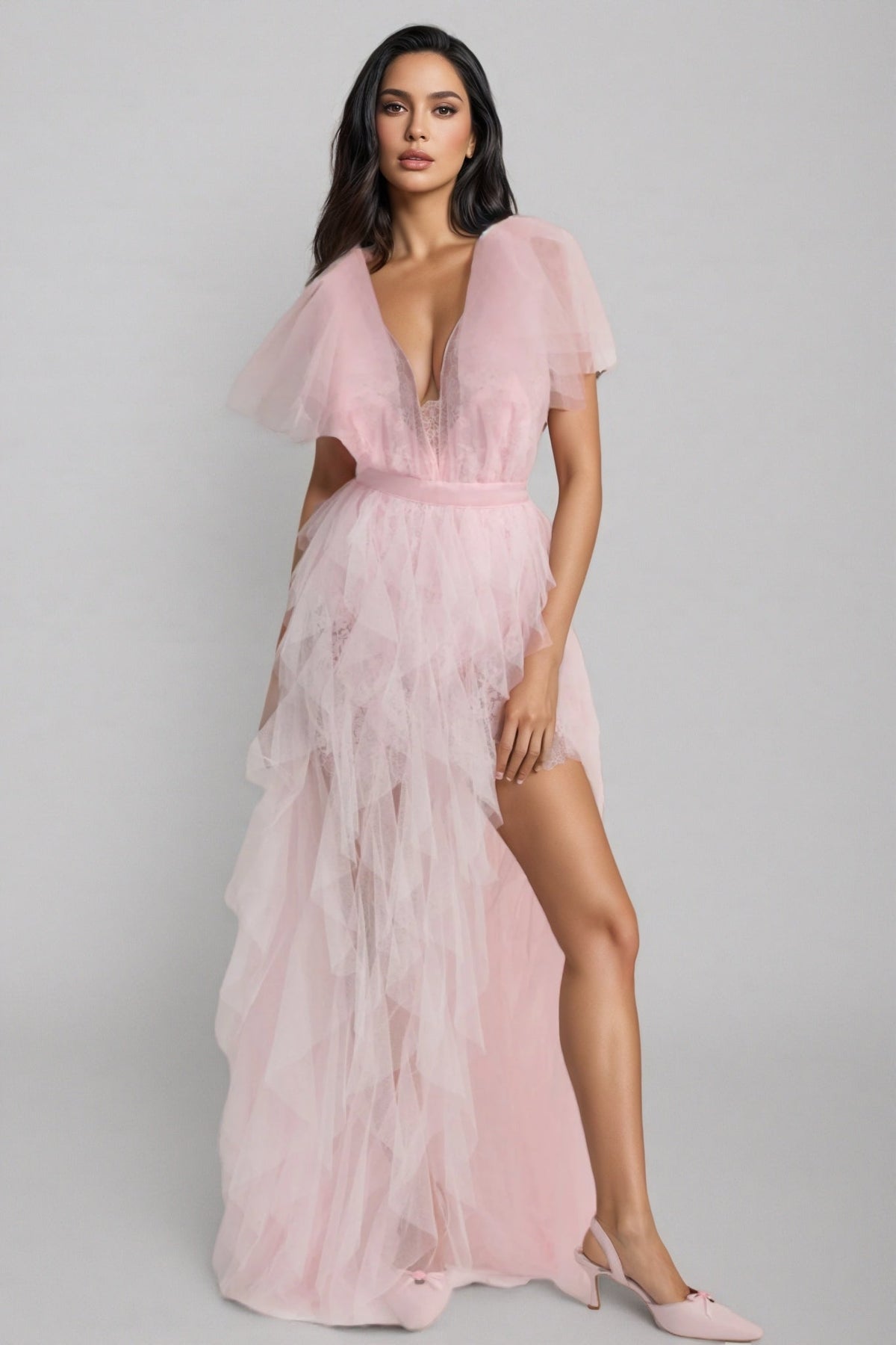 Tulle Deep V-Neck Flutter Sleeve Tiered Ruffle High Low Maxi Dress