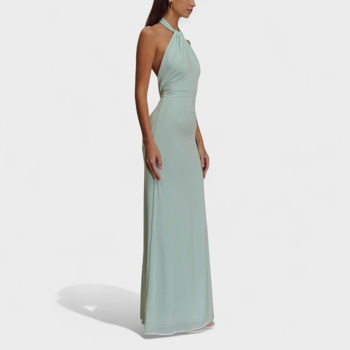 Twist Halter Neck Ruched Backless Maxi Dress