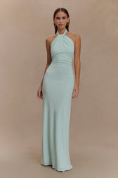 Halter Neck Ruched Bias-Cut Maxi Dress