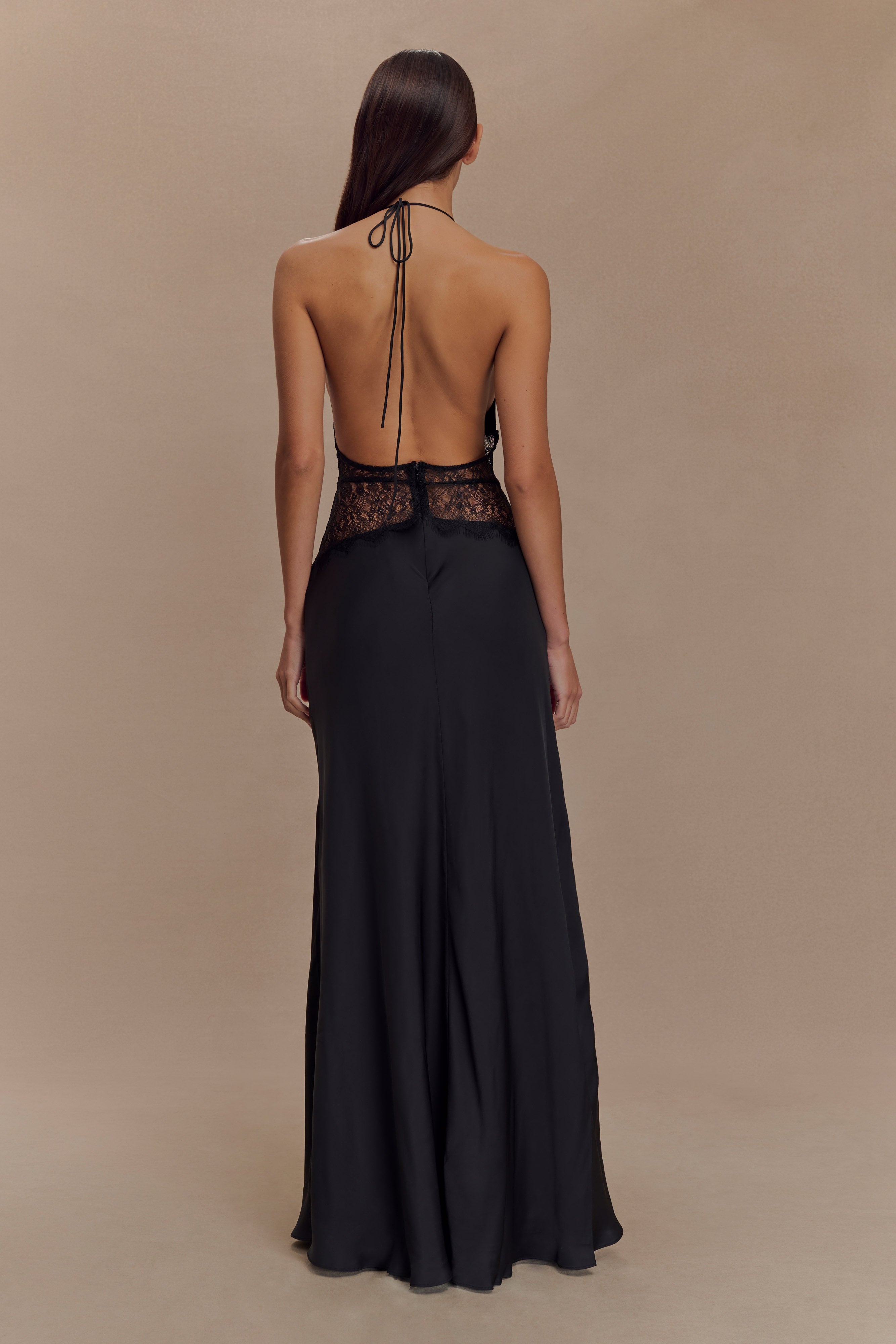 Satin Halter Neck Deep V-Neck Lace Panel Waist Maxi Gown