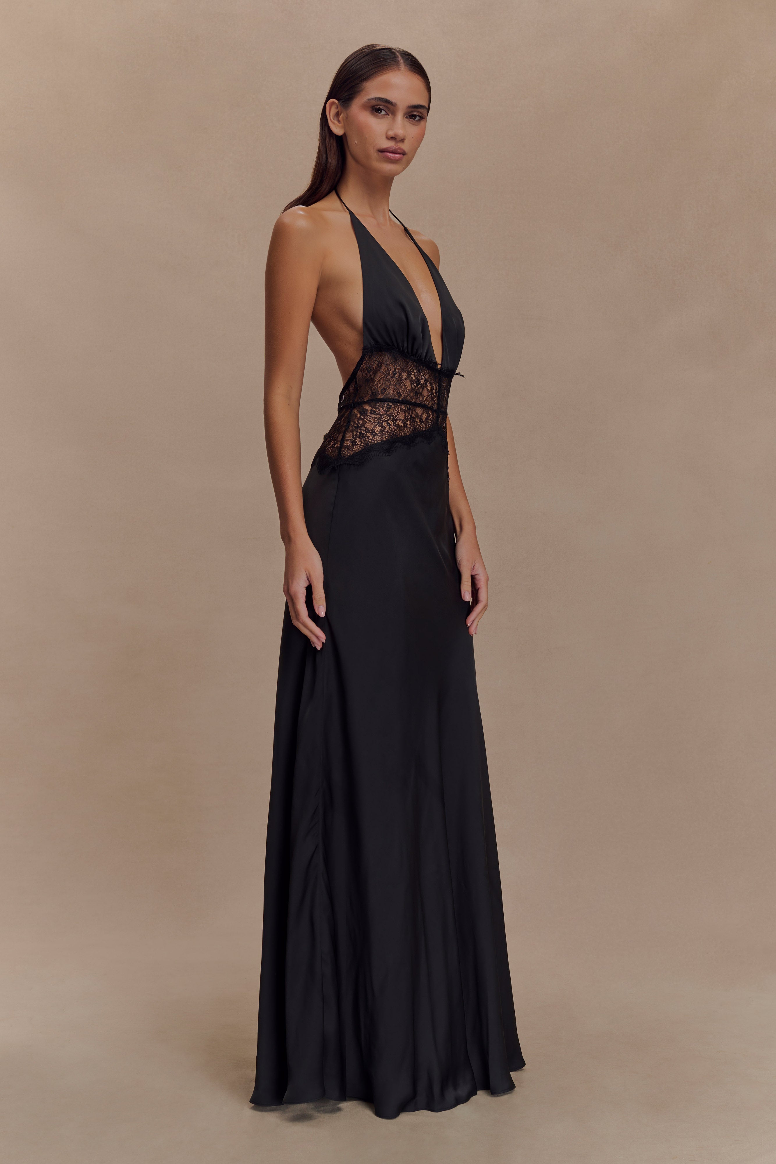 Satin Halter Neck Deep V-Neck Lace Panel Waist Maxi Gown