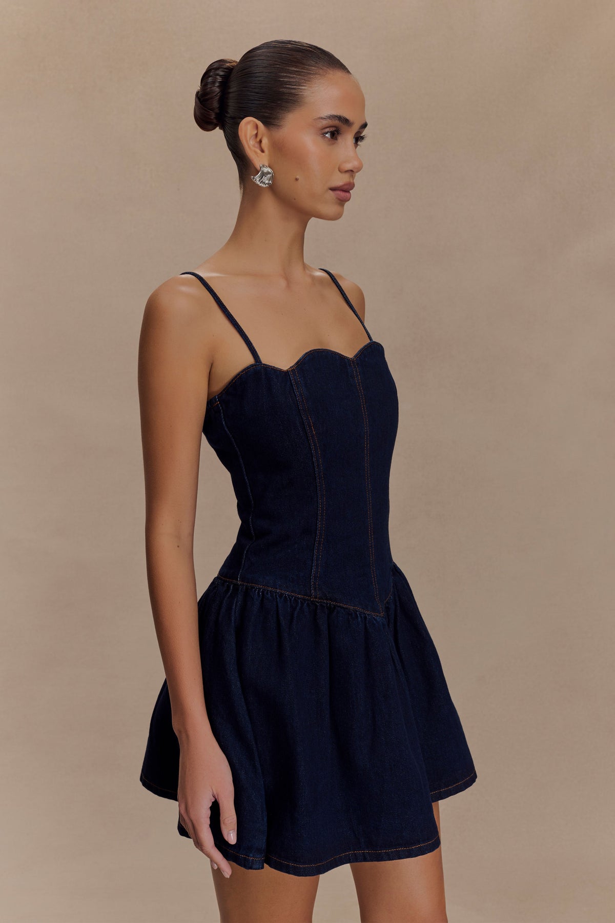 Denim-Look Sweetheart Corset Bodice Drop Waist Mini Dress 5